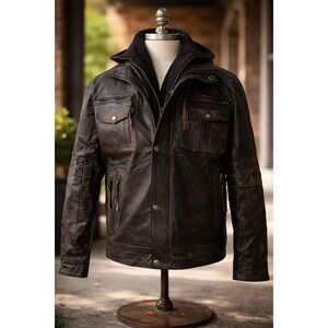 Real Leather Men's Brown Utility Field Jacket Hooded Lined Distressed Brown S